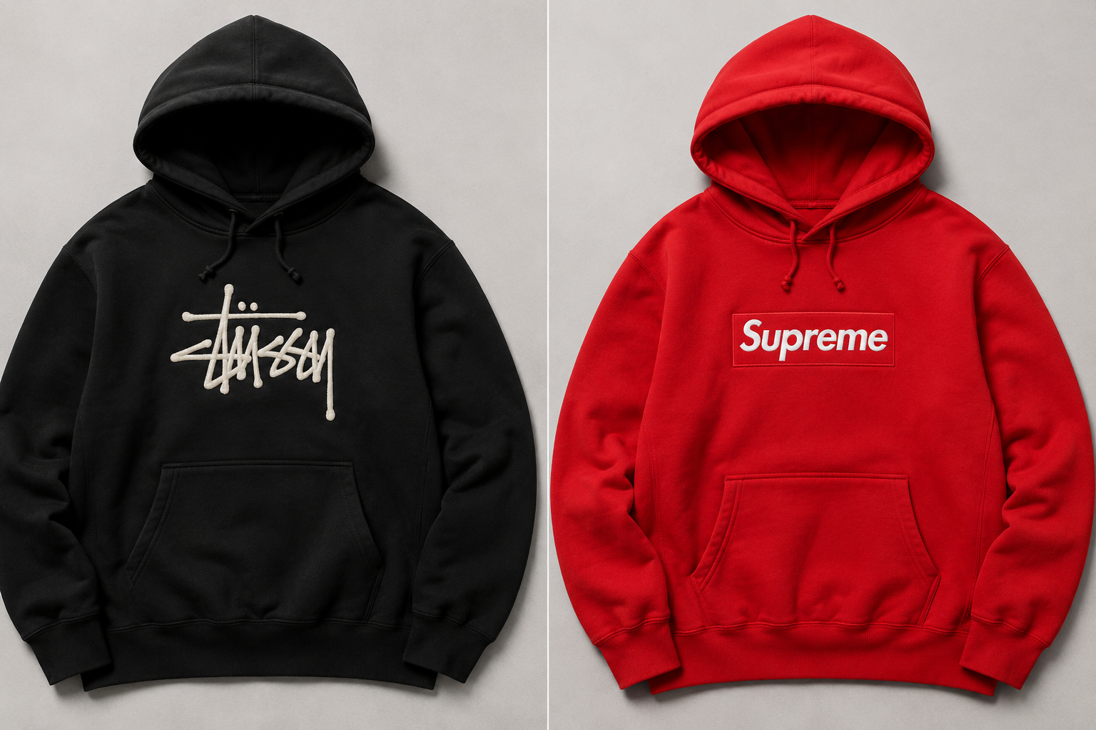 Side-by-side comparison of a black Stussy script logo hoodie and a red Supreme box logo hoodie laid flat for visual comparison.