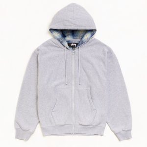 Plaid Lined Zip Hoodie Grey Heather