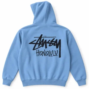 Stussy Light Blue Hoodie with Black Honolulu