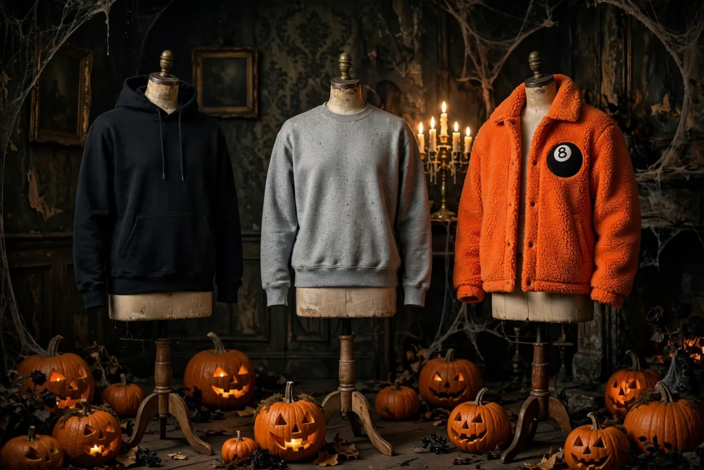 Black Stussy hoodie, crew sweatshirt and 8 Ball Sherpa jacket laid out for a Halloween night comparison.