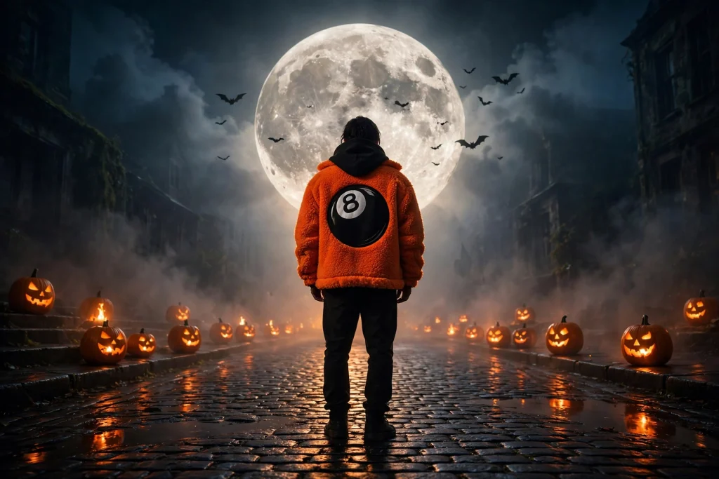 A black Stussy hoodie worn under an orange 8 Ball Sherpa jacket on a dark Halloween street.