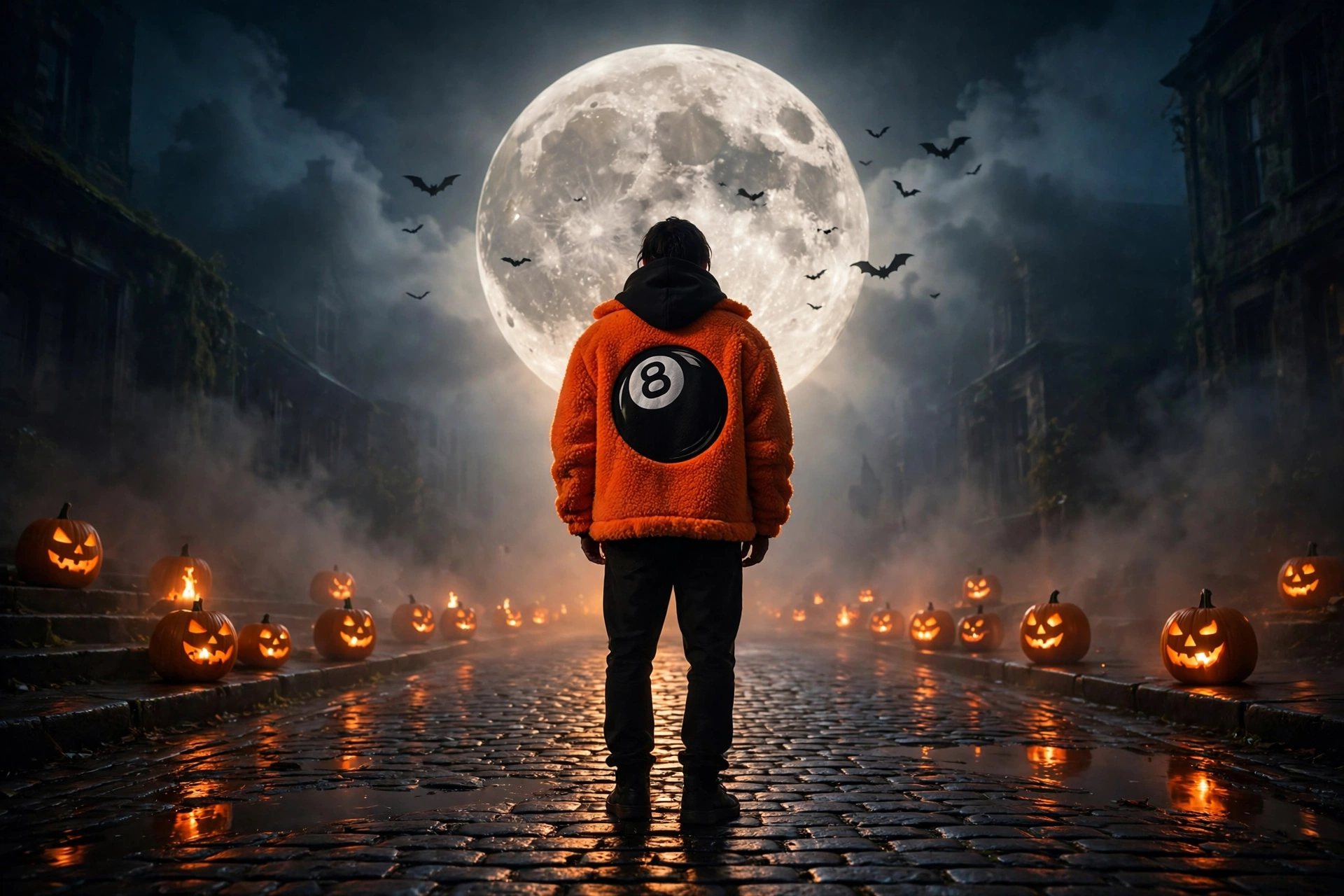 A black Stussy hoodie worn under an orange 8 Ball Sherpa jacket on a dark Halloween street.